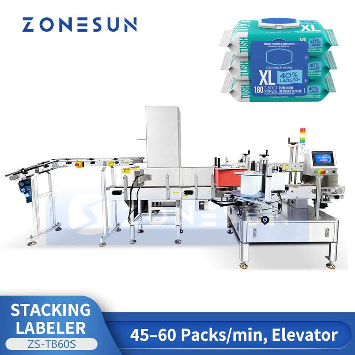 Zonesun ZS-TB60S Automatic Dual-Side Labeling Machine with Stacking System for Wet Wipes & Pouches