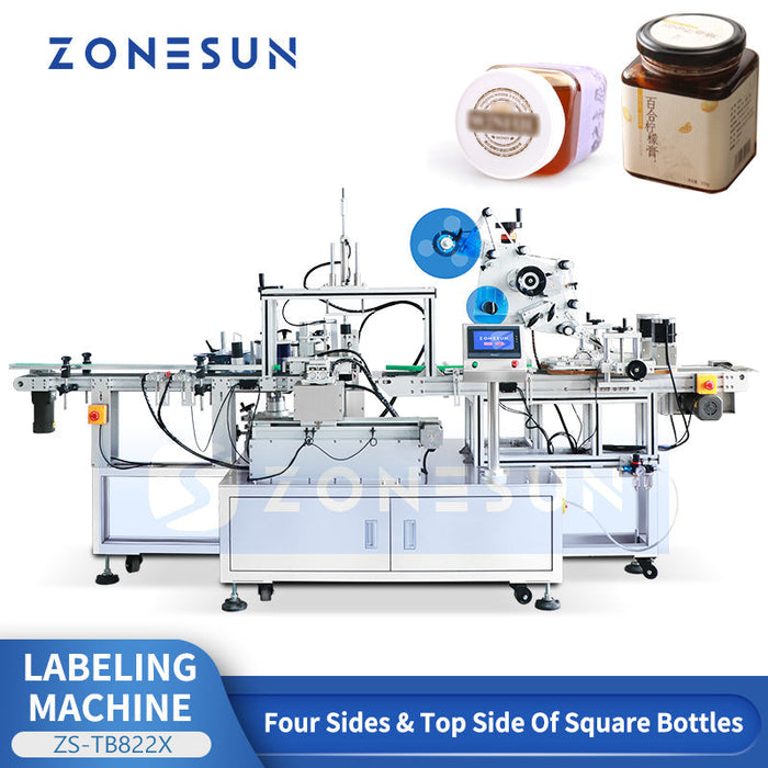 Etichettatrice automatica ZONESUN ZS-TB822X per etichettatura su quattro lati e parte superiore per flaconi e barattoli quadrati