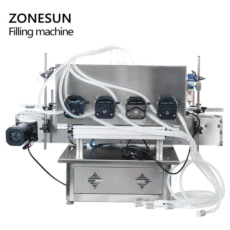 ZONESUN ZS-DTPP4C 4-Head Liquid Filling Machine with Chain Conveyor