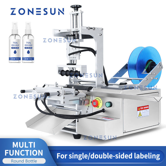 Máquina etiquetadora de botellas redondas de un solo/doble lado con guía deslizante ZONESUN ZS-TB101 con tobogán de descarga