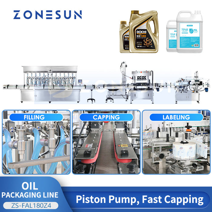 ZONESUN ZS-FAL180Z4 Línea de producción de etiquetado doble de botellas planas redondas y tapadoras de llenado de aceite de 5 l