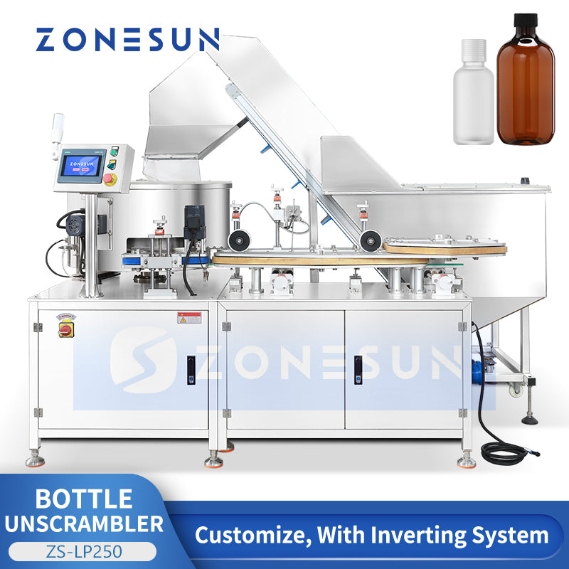 ZONESUN ZS-LP250 Automatic Plastic Bottle Unscrambler Machine, Rotary Feeding & Sorting Turntable for Square & Round Bottles