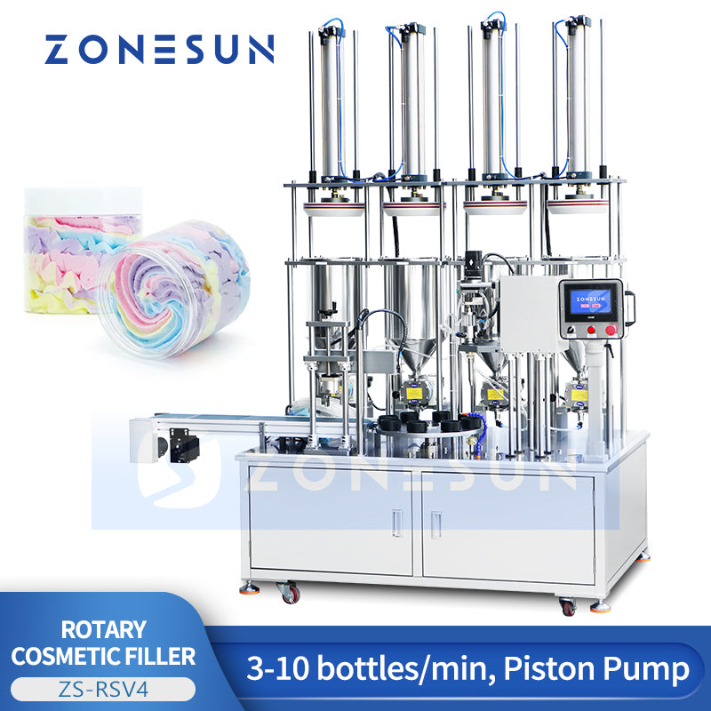 ZONESUN ZS-RSV4 Automatic Rotary 4-Color Cream Swirl Filling Machine for Cosmetic Jars & Bottles