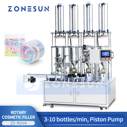 ZONESUN ZS-RSV4 Automatic Rotary 4-Color Cream Swirl Filling Machine for Cosmetic Jars & Bottles