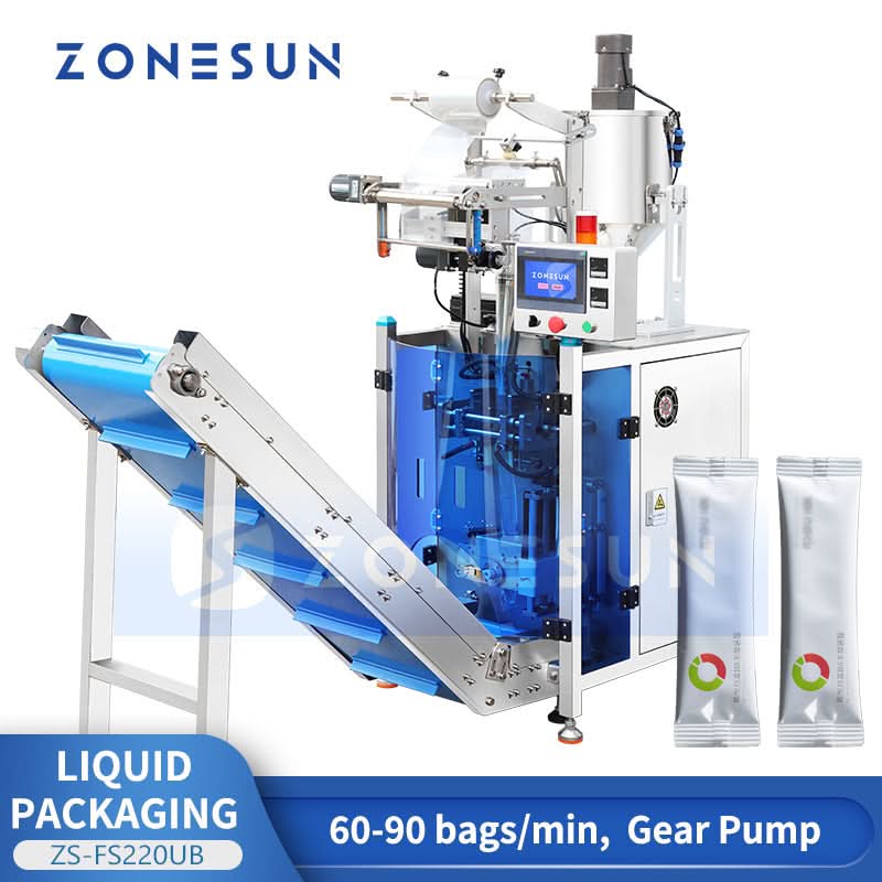 ZONESUN ZS-FS220UB Automatic Liquid Sachet Packing Machine with Conveyor Belt | High-Speed VFFS Servo Gear Pump Filler for Sauce & Paste