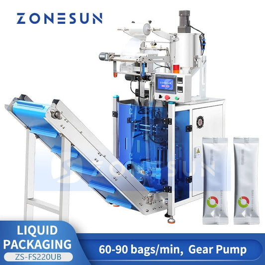ZONESUN ZS-FS220UB Confezionatrice automatica per bustine di liquidi con nastro trasportatore | Riempitrice VFFS ad alta velocità con pompa a ingranaggi servoassistita per salse e paste