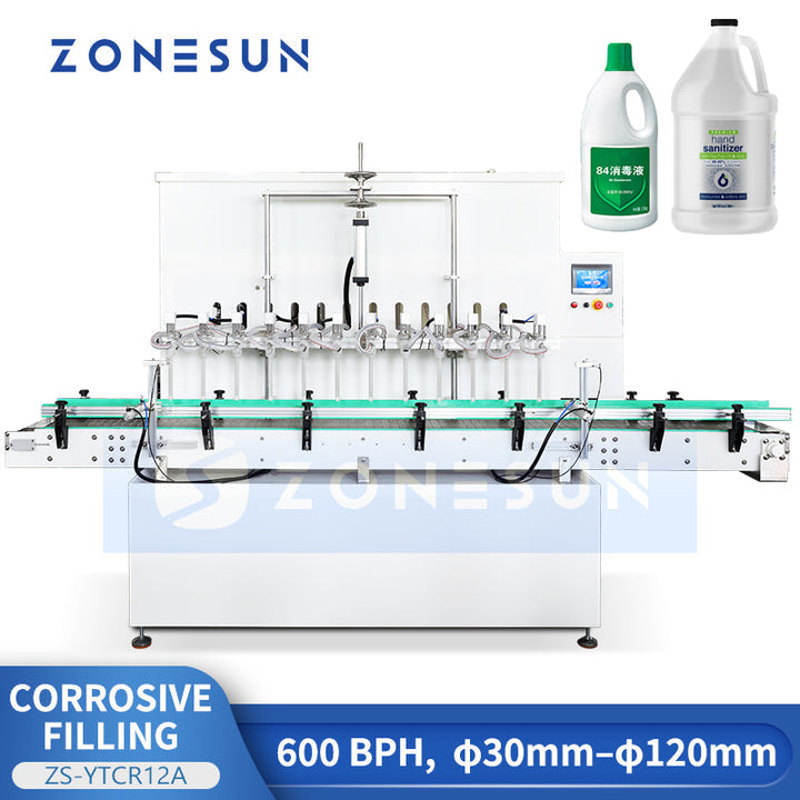 ZONESUN ZS-YTCR12A 12-Head Automatic Corrosive Liquid Filling Machine for Bleach & Acids