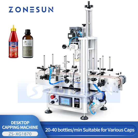 ZONESUN ZS-XG1870 Automatische pneumatische Desktop-Flaschenverschließmaschine mit Förderband für Quetschflaschen, Sprüh- und Tropfverschlüsse