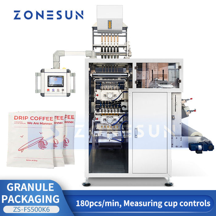 ZONESUN ZS-FS500K6 Automatic Drip Coffee Bag & Sugar Sachet Packing Machine | VFFS Sachet Filling Sealing Machine For Granule Powder