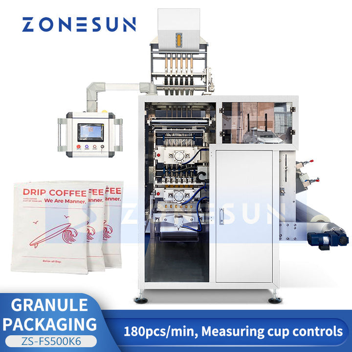 ZONESUN ZS-FS500K6 Automatic Drip Coffee Bag & Sugar Sachet Packing Machine | VFFS Sachet Filling Sealing Machine For Granule Powder