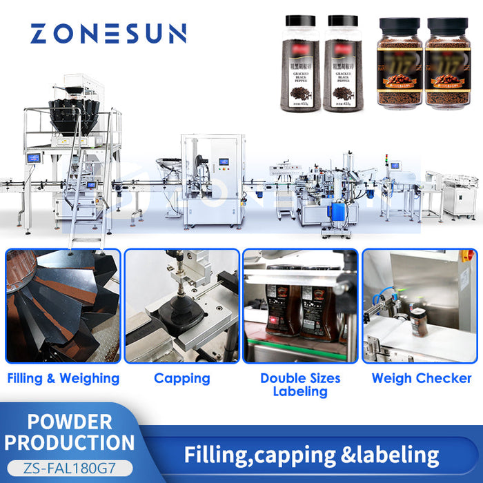 ZONESUN ZS-FAL180G7 Automatic Powder Bottle Filling, Capping and Labeling Line for Coffee & Spices