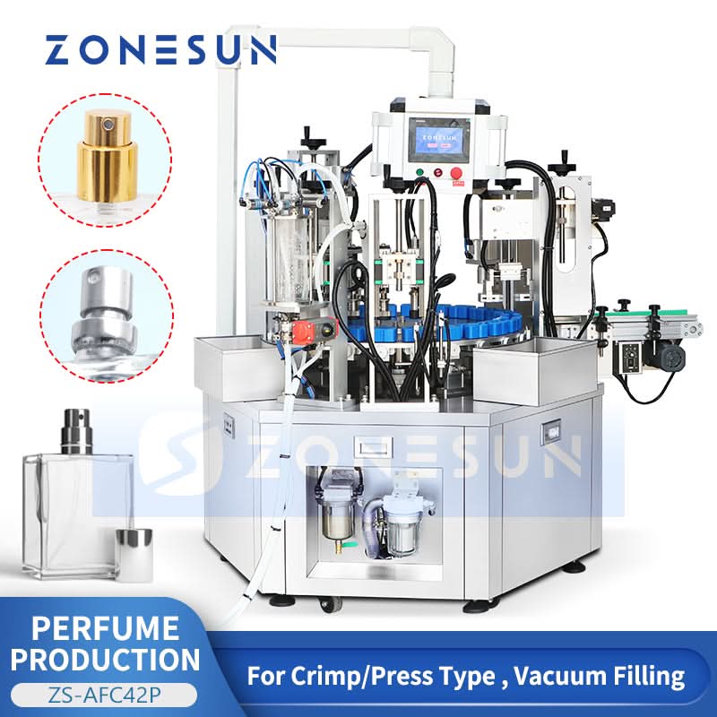 ZONESUN ZS-AFC42P Automatic Rotary Perfume Filling Machine Monoblock Negative Ion Rinsing & Vacuum Crimping