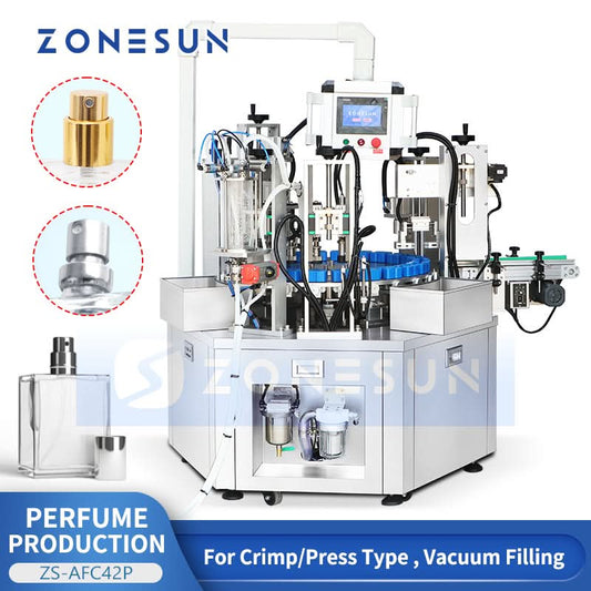 ZONESUN ZS-AFC42P Automatic Rotary Perfume Filling Machine Monoblock Negative Ion Rinsing & Vacuum Crimping