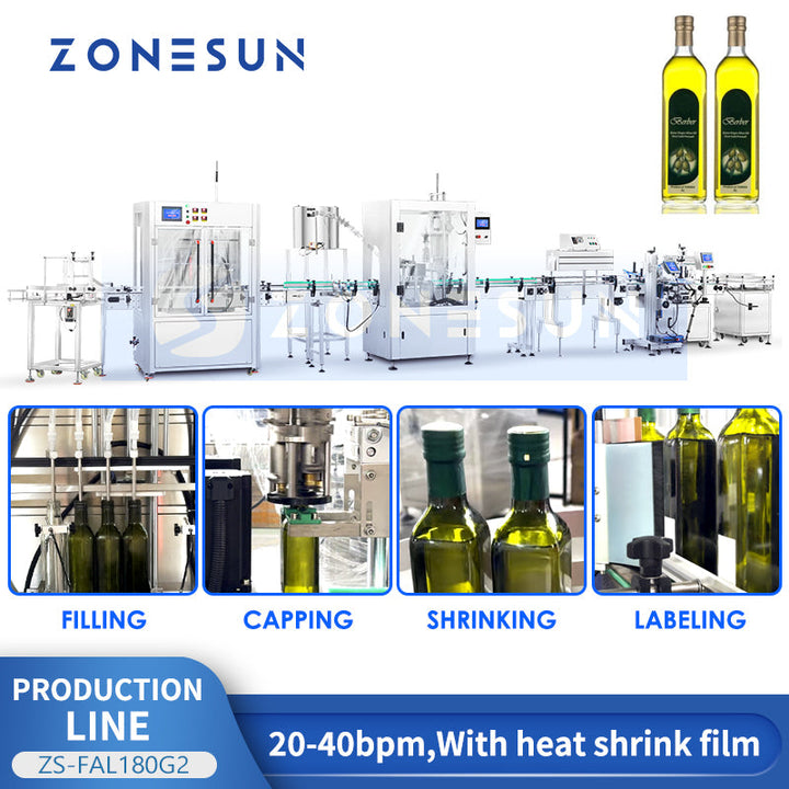 ZONESUN ZS-FAL180G2 Automatic Edible Oil Bottle Filling, Capping & Shrink Labeling Production Line