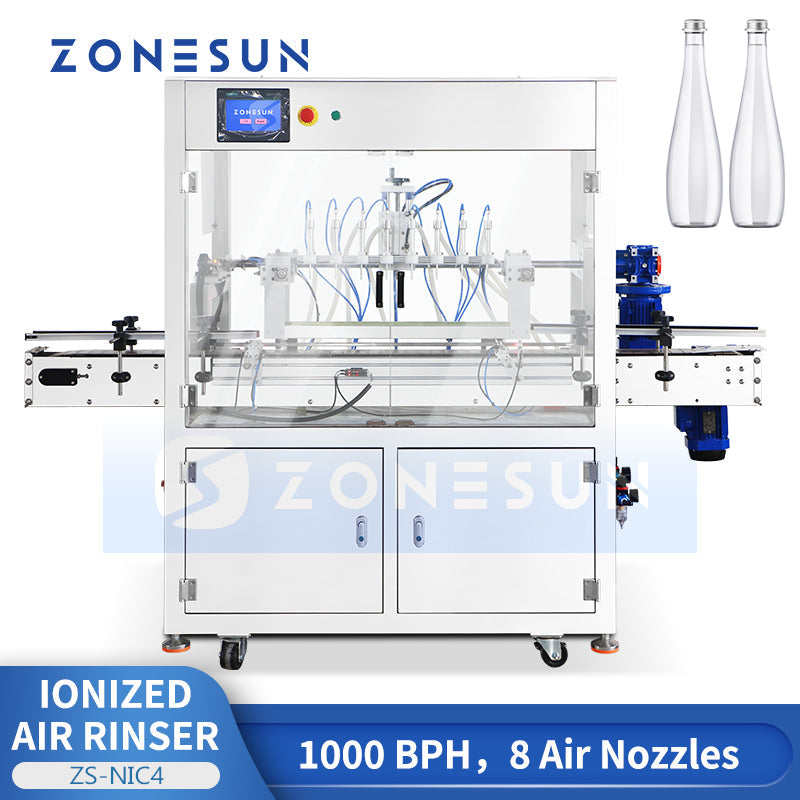 ZONESUN ZS-NIC4 Ionized Air Bottle Rinser Machine 8 Nozzle Cleaner for PET, Glass, PP & HDPE Bottles