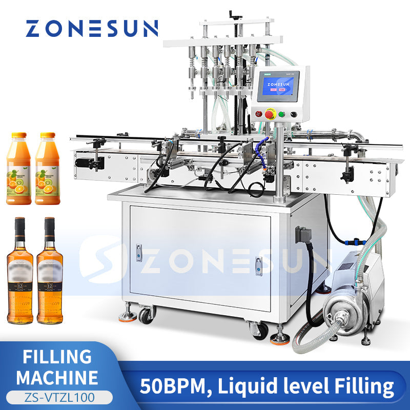 ZONESUN ZS-VTZL100 Automatic 6-Head Centrifugal Pump Liquid Level Filling Machine for Whiskey, Beverage, and Gum