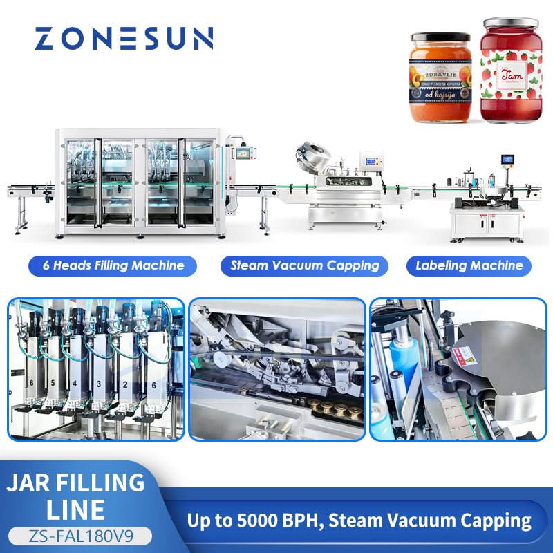 ZONESUN ZS-FAL180V9 Automatic Jam Sauce Filling Vacuum Capping Machine Line for Glass Jars