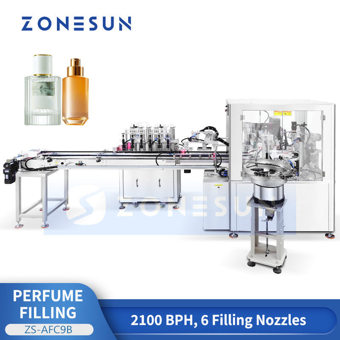 ZONESUN ZS-AFC9B Auto Perfume Bottling Line - 6 Heads Filling, Capping & Crimping System