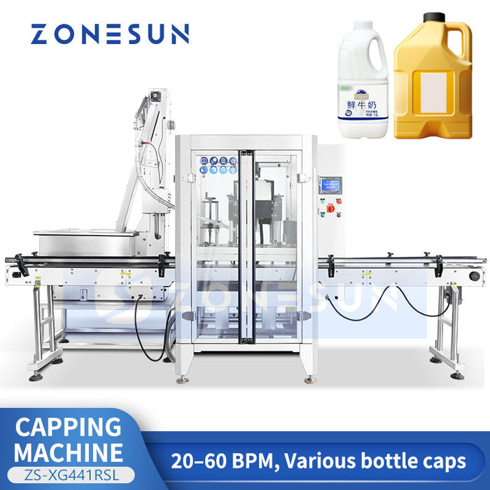 ZONESUN ZS-XG440H2 Automatic Capping Machine with Vibratory Bowl Feeder for F-Style Bottles and Motor Oil Drums