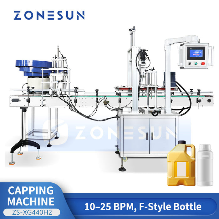 ZONESUN ZS-XG440H2 Automatic F-Style Jug Capping Machine, Heavy-Duty Gallon Bottle & Motor Oil Drum Lid Tightener