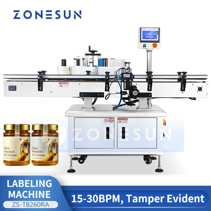 ZONESUN ZS-TB260RA Automatic Round Bottle Cap & Body Labeling Machine for Jam Honey Jar Tamper Evident Labeler
