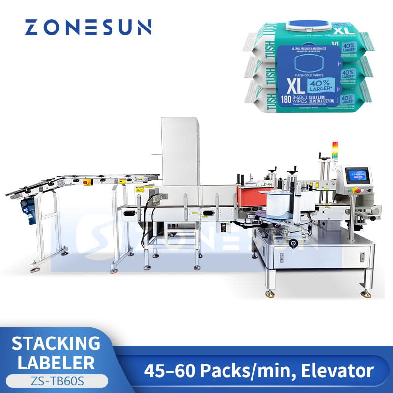 Zonesun ZS-TB60S Automatic Dual-Side Labeling Machine with Stacking System for Wet Wipes & Pouches