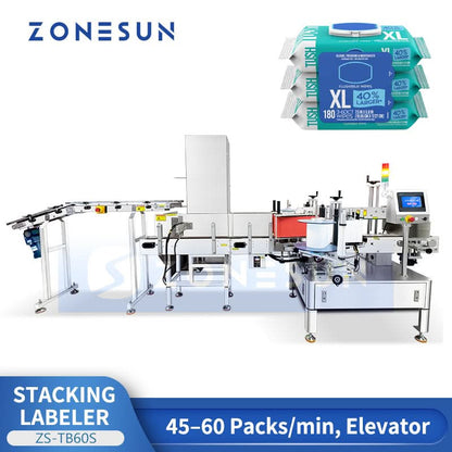 Zonesun ZS-TB60S Automatic Dual-Side Labeling Machine with Stacking System for Wet Wipes & Pouches