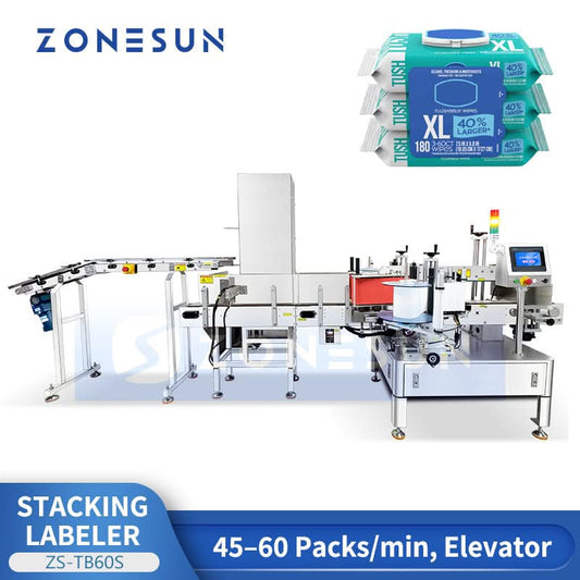 Zonesun ZS-TB60S Automatic Dual-Side Labeling Machine with Stacking System for Wet Wipes & Pouches
