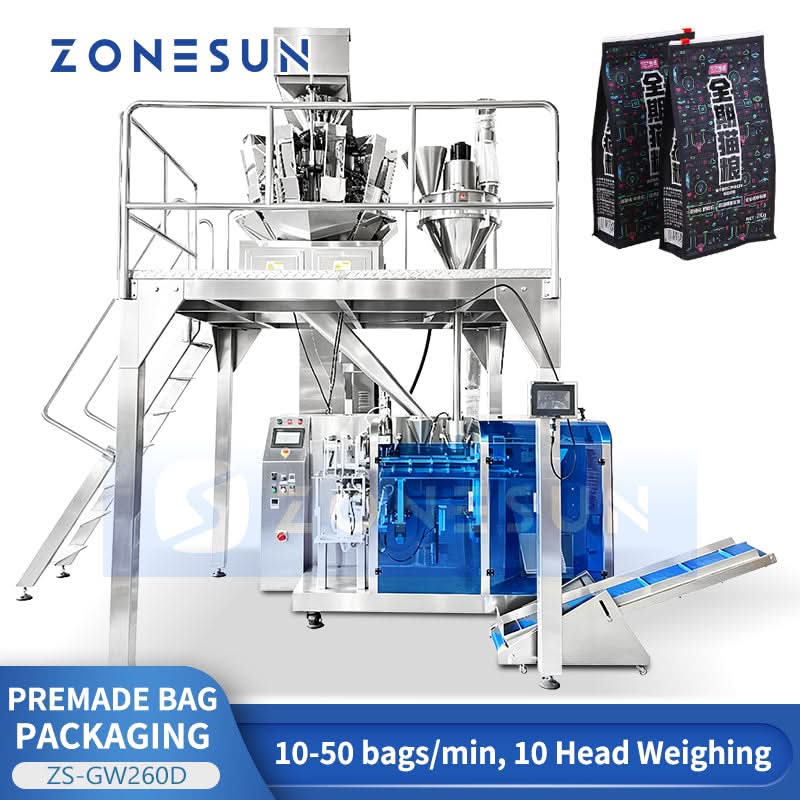 ZONESUN ZS-GW260D Automatic Premade Pouch Packing Machine with 10-Head Multihead Weigher for Snacks, Pet Food & Granules