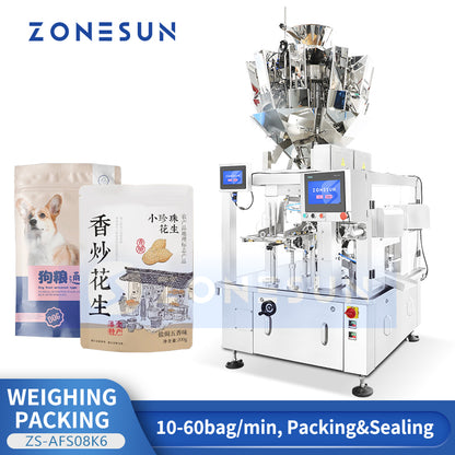ZONESUN ZS-AFS200 Automatische rotierende Fertigbeutel-Füll- und Verschließmaschine für Granulat, Nüsse & Tiernahrung