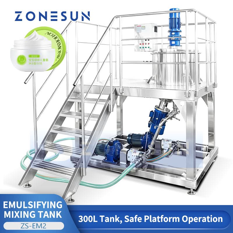 ZONESUN ZS-EM2 300L Stainless Steel Emulsifying Mixing Tank with Platform | High-Speed Homogenizer & Rotor Pump