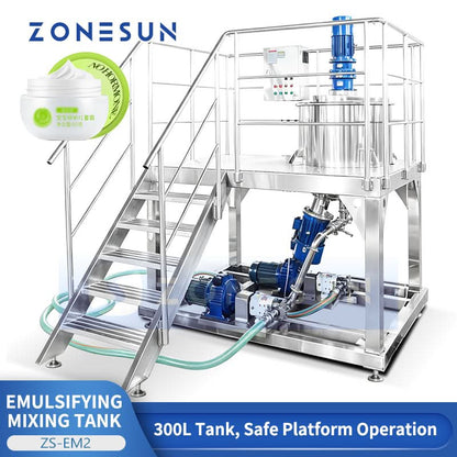 ZONESUN ZS-EM2 300L Stainless Steel Emulsifying Mixing Tank with Platform | High-Speed Homogenizer & Rotor Pump