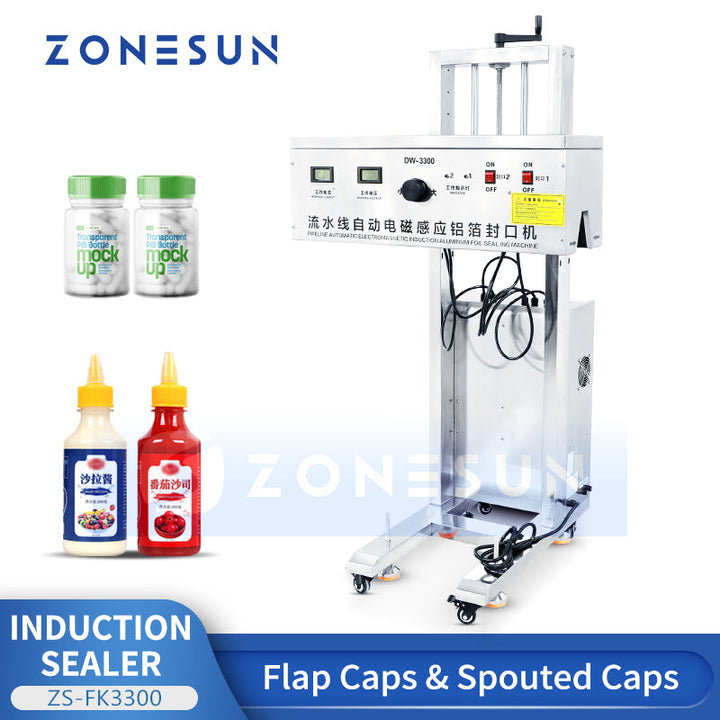 Zonesun ZS-FK3300 Continuous Induction Sealing Machine for Flap Caps, Spouted Caps & Standard Bottles