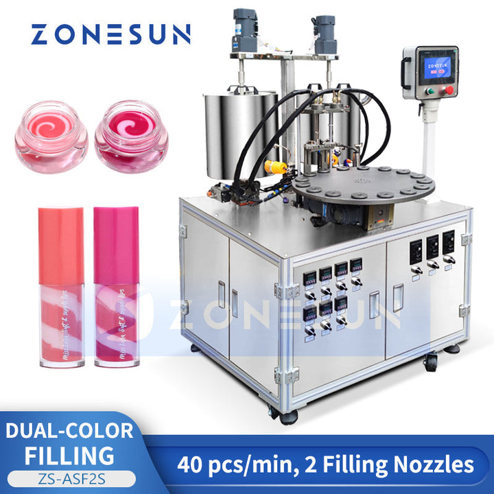 ZONESUN ZS-ASF2S Auto Two-Color Cosmetic Paste Filler Machine for Lip Balm, Lipstick, Lipgloss