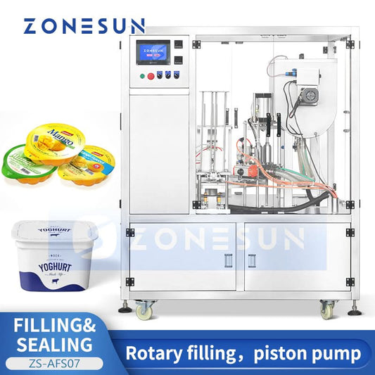 ZONESUN ZS-AFS07 Automatic Rotary Cup Filling and Sealing Machine for Yogurt, Paste & Liquids