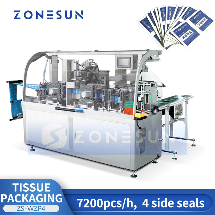 ZONESUN ZS-WZP4 Automatic 4-Side Seal Wet Wipes Packing Machine  Alcohol Pad Sachet Packaging Machine