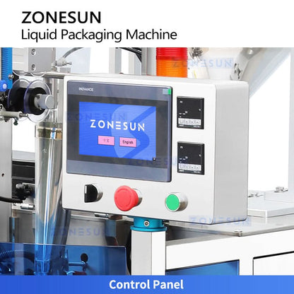 ZONESUN ZS-FS220UB Automatic Liquid Sachet Packing Machine with Conveyor Belt | High-Speed VFFS Servo Gear Pump Filler for Sauce & Paste