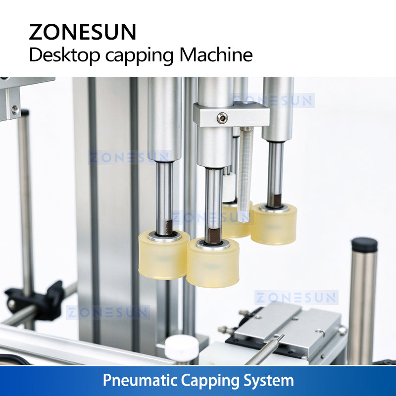 ZONESUN ZS-XG1870 Desktop Automatic Pneumatic Bottle Capping Machine with Conveyor for Squeeze Bottles, Spray, and Dropper Caps