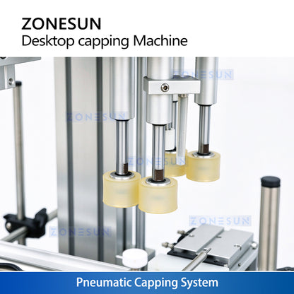 ZONESUN ZS-XG1870 Desktop Automatic Pneumatic Bottle Capping Machine with Conveyor for Squeeze Bottles, Spray, and Dropper Caps
