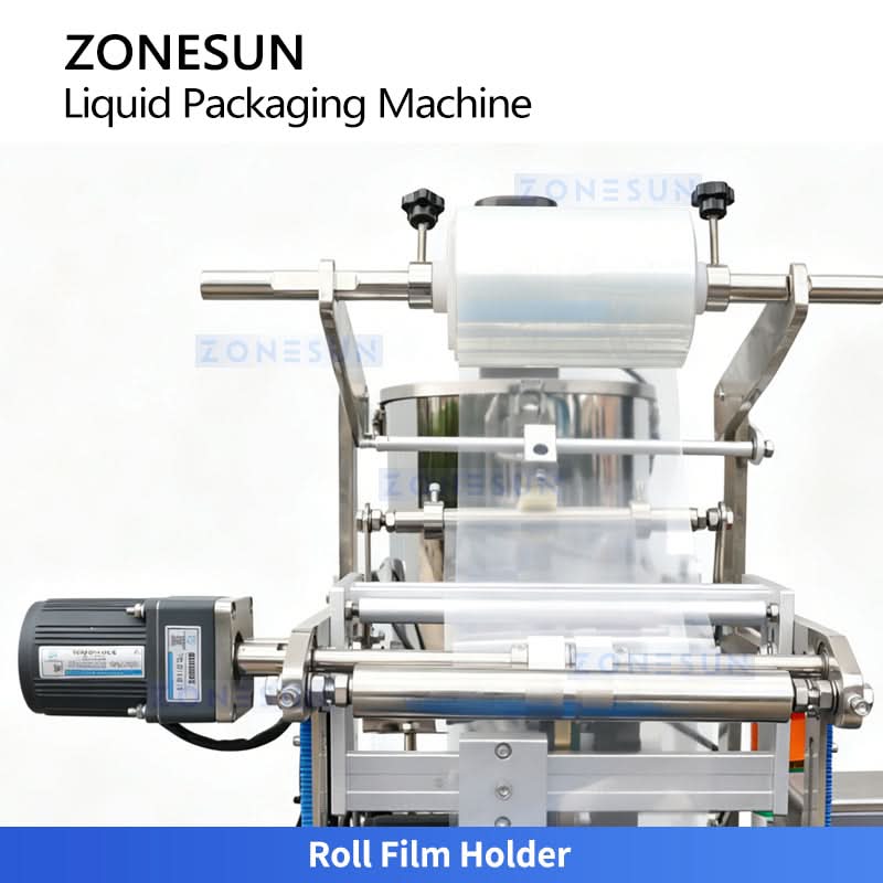 ZONESUN ZS-FS220UB Automatic Liquid Sachet Packing Machine with Conveyor Belt | High-Speed VFFS Servo Gear Pump Filler for Sauce & Paste