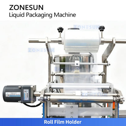 ZONESUN ZS-FS220UB Automatic Liquid Sachet Packing Machine with Conveyor Belt | High-Speed VFFS Servo Gear Pump Filler for Sauce & Paste