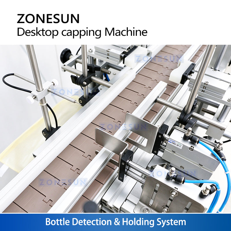 ZONESUN ZS-XG1870 Desktop Automatic Pneumatic Bottle Capping Machine with Conveyor for Squeeze Bottles, Spray, and Dropper Caps