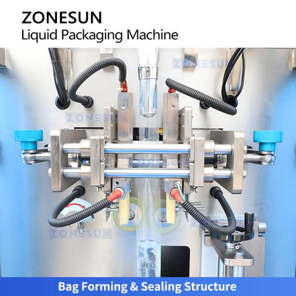 ZONESUN ZS-FS220UB Automatic Liquid Sachet Packing Machine with Conveyor Belt | High-Speed VFFS Servo Gear Pump Filler for Sauce & Paste