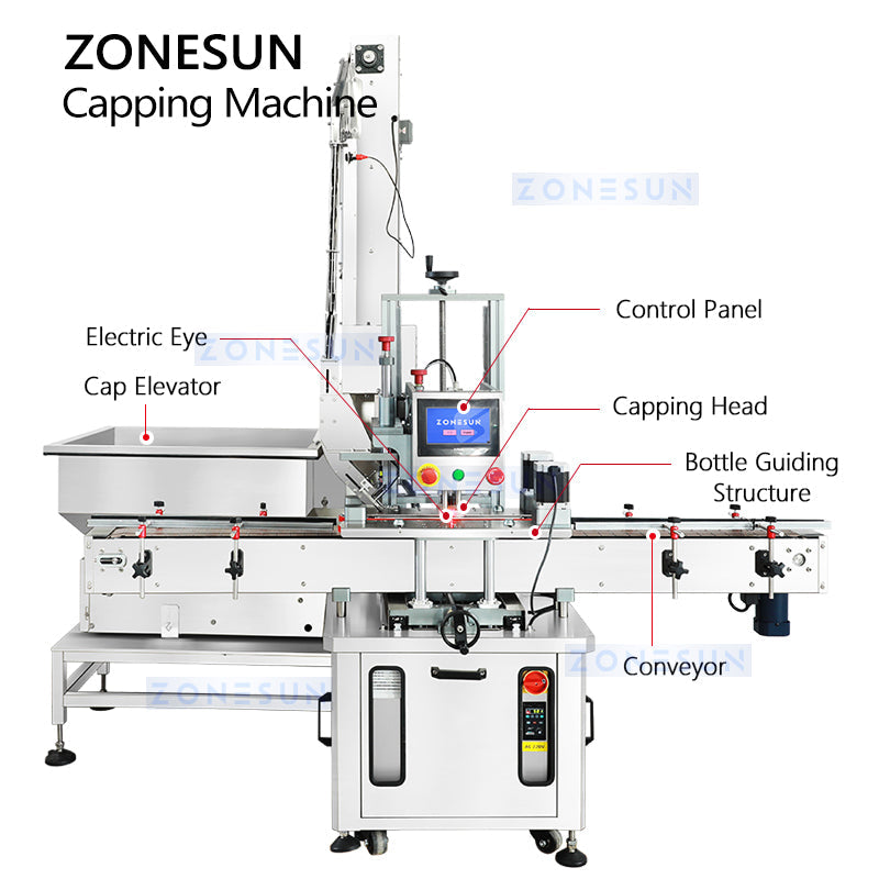 ZONESUN ZS-XG05 Automatic Servo Capping Machine for Bottles and Jars with Elevator
