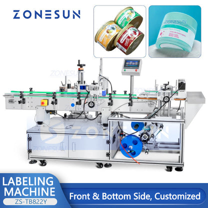 ZONESUN ZS-TB822Y Automatic Front Side & Bottom Side Labeling Machine For Luncheon Meat Round Metal Cans Coemstic Bottle Canned