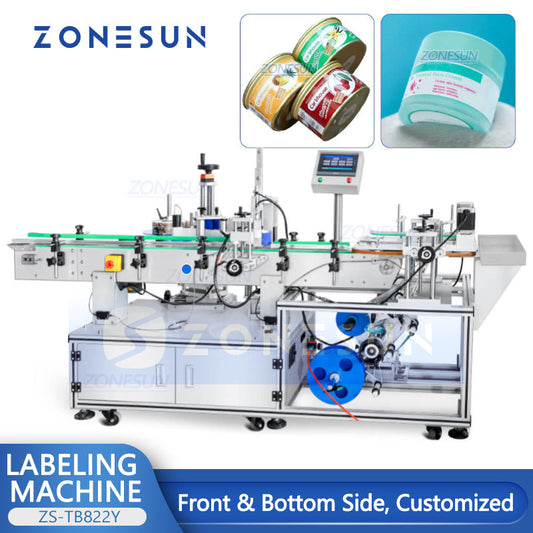 ZONESUN ZS-TB822Y Automatic Front Side & Bottom Side Labeling Machine For Luncheon Meat Round Metal Cans Coemstic Bottle Canned