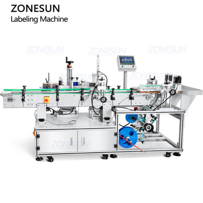 ZONESUN ZS-TB822Y Automatic Front Side & Bottom Side Labeling Machine For Luncheon Meat Round Metal Cans Coemstic Bottle Canned