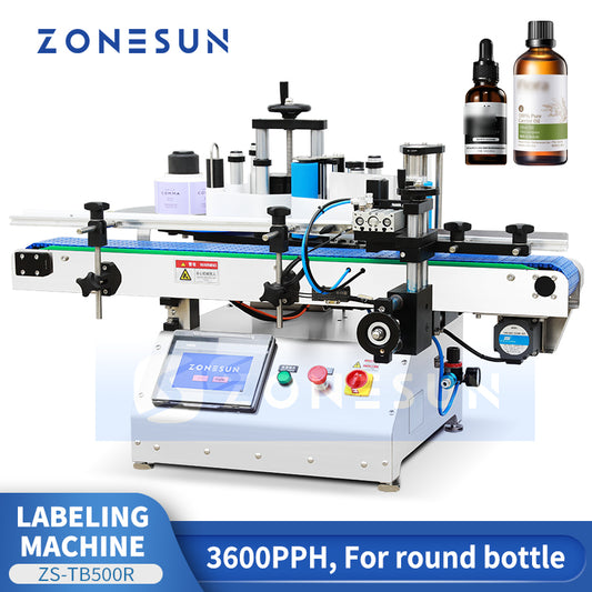 ZONESUN ZS-TB500R Desktop Round Bottle Wrap-Around Labeling Machine  PLC Control Label Applicator
