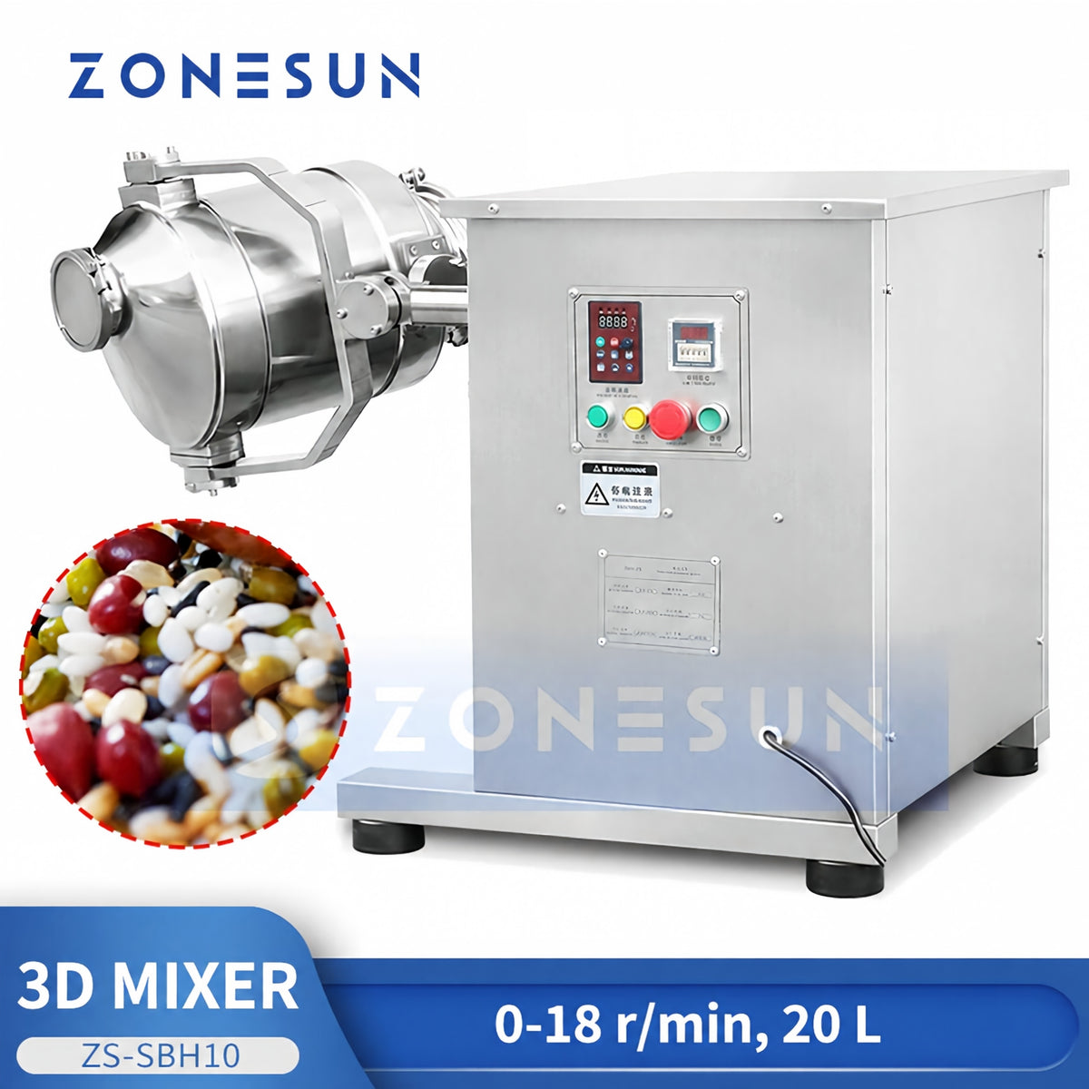 ZONESUN ZS-SBH10 3D-Trockenpulver- und Granulatmischmaschine für Lebensmittel und chemische Anwendungen