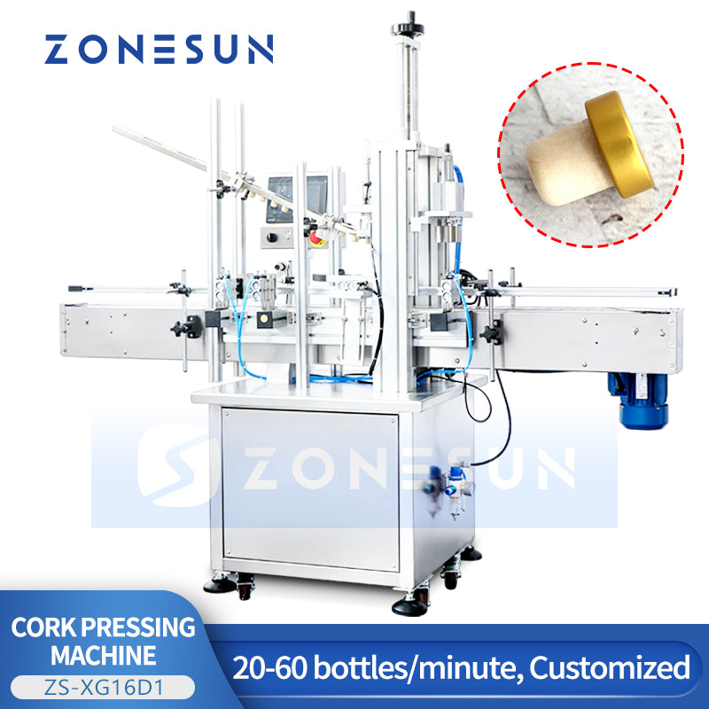 ZONESUN ZS-XG16D1 Automatic Corking Machine, Wine Bottle Cork Pressing System with Elevator Feeder for T-Corks & Straight Wood Corks